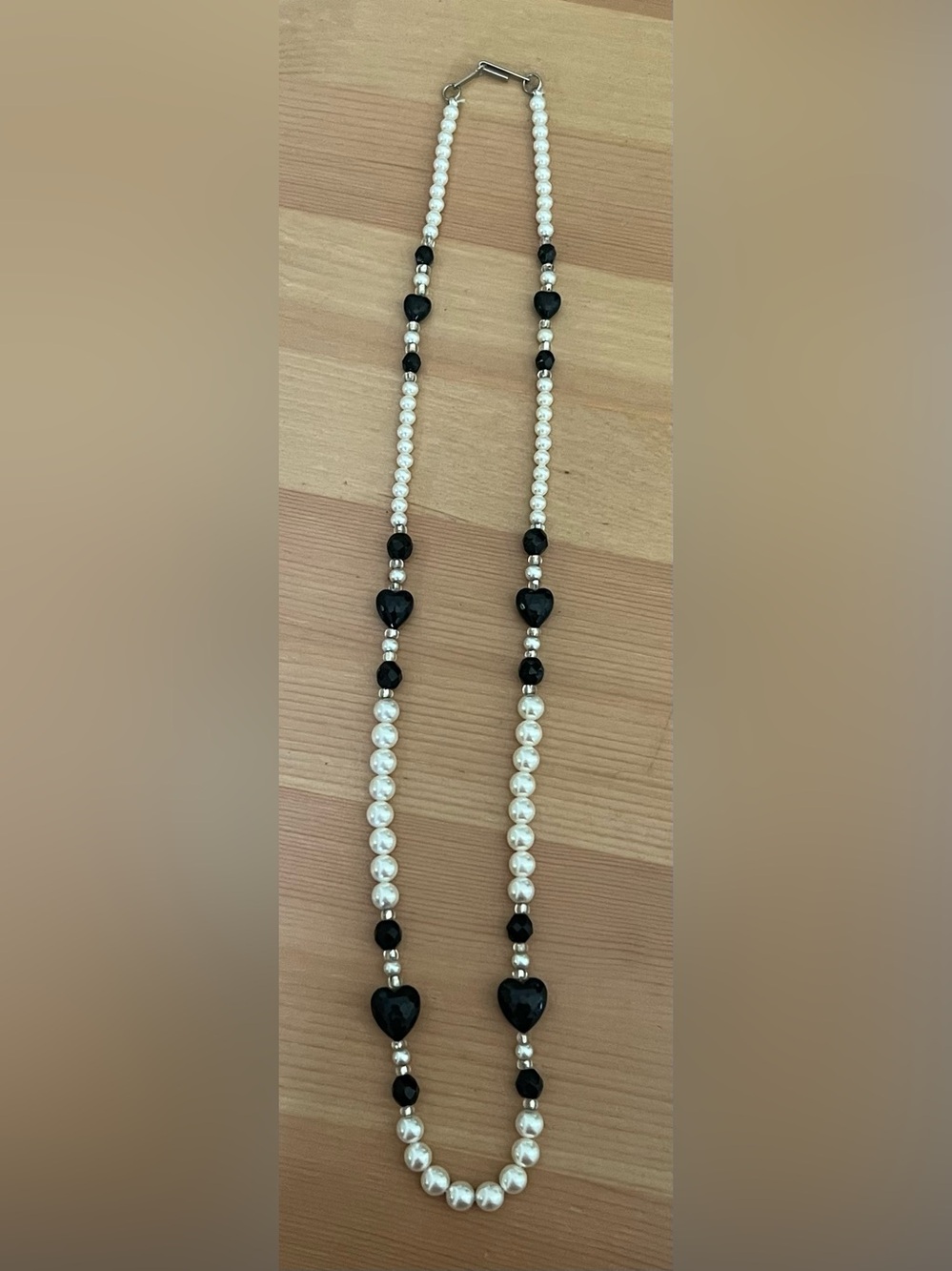 Pearl and Black Heart Bead Necklace - Elegant Women's Jewelry
